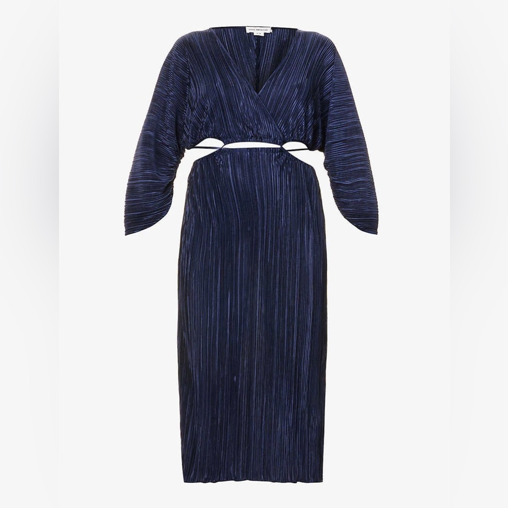 Good‎ American Always Fits Plissé-Pleated Midi-Dress Navy Blue Strappy Size